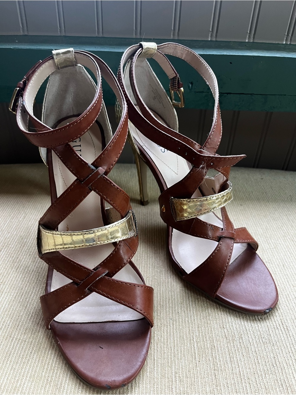 Women’s Brown Leather Strappy Heeled Sandals with Gold Accent
